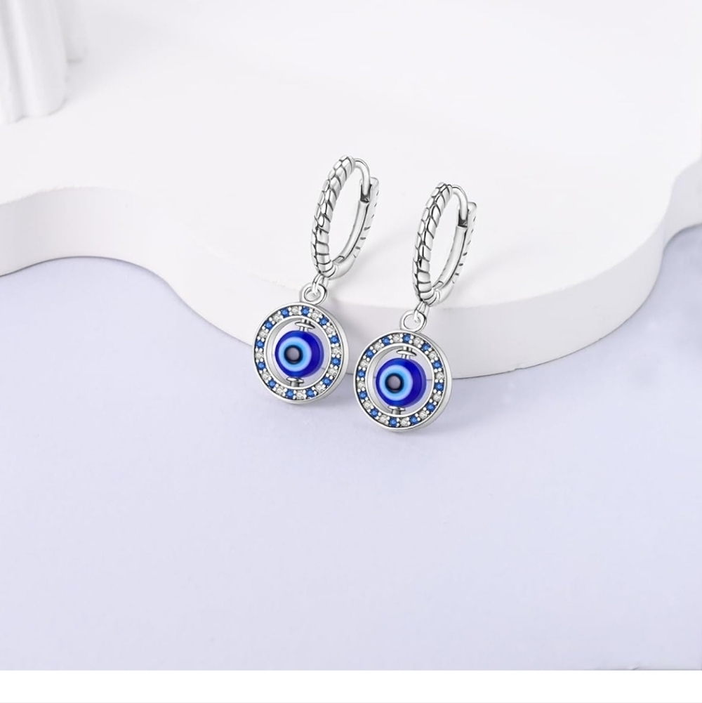 Silver and Blue Evil Eye Hoop Earrings